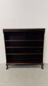 MAHOGANY FOUR TIER BOOKCASE ON BALL AND CLAW FEET WIDTH 105CM. DEPTH 30CM. HEIGHT 114.5CM.