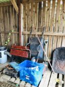A WHEEL BARROW, GARDEN FORK AND SPADE, BOX CONTAINING PART ROLLS AND RECLAIMED LEAD,