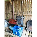 A WHEEL BARROW, GARDEN FORK AND SPADE, BOX CONTAINING PART ROLLS AND RECLAIMED LEAD,