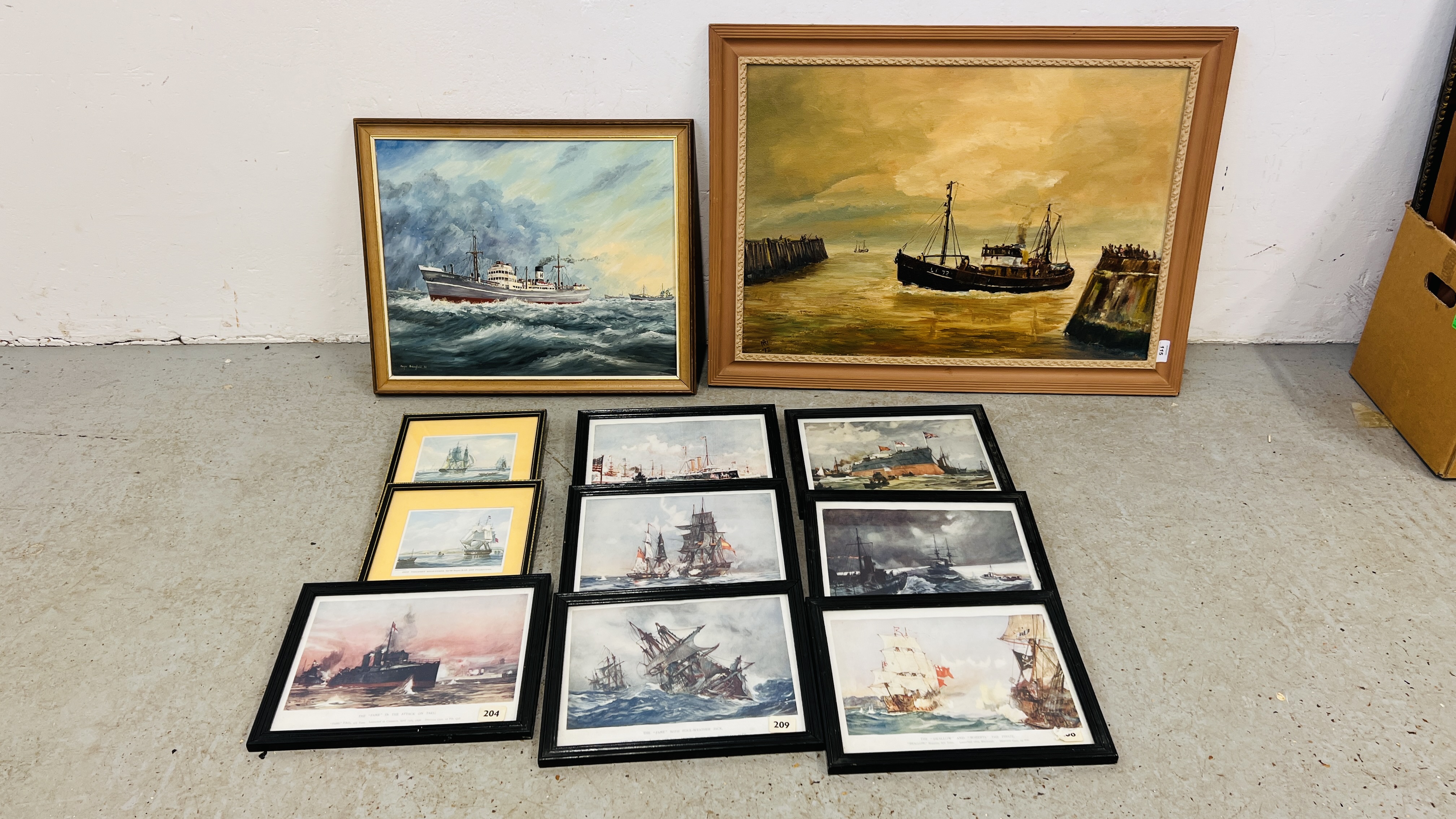 AN ORIGINAL OIL ON BOARD "LOCAL FISHING TRAWLERS" AND AN OIL ON BOARD "THE HARP AND LION" BEARING