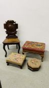 THREE VARIOUS VINTAGE LOW STOOLS WITH NEEDLEWORK COVERS ALONG WITH A PERIOD OAK SHIELD BACK CHAIR