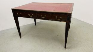 MAHOGANY FINISH TWO DRAWER WRITING DESK WITH CONCEALED DRAWERS TO EITHER END,