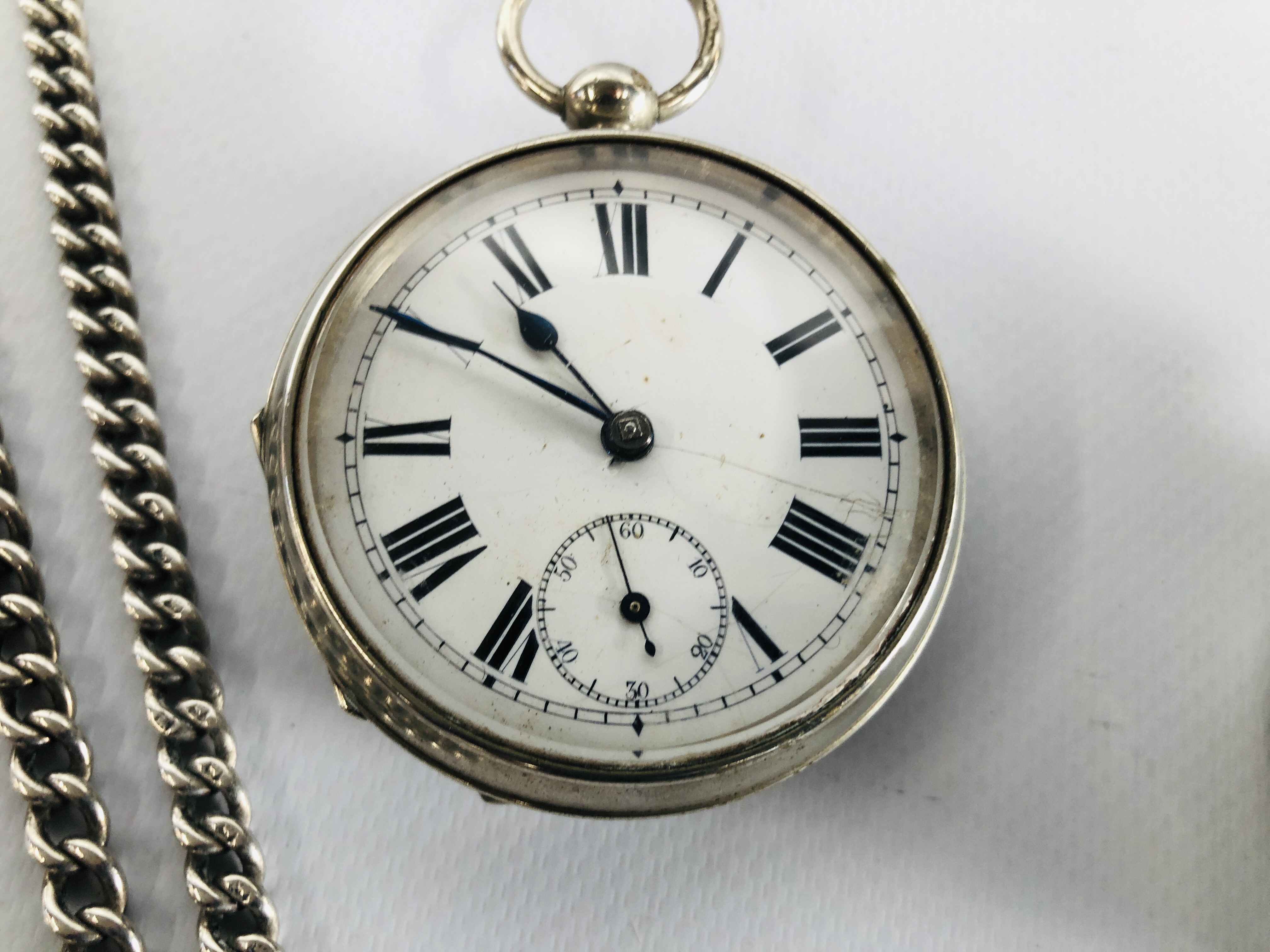 A GENTLEMAN'S SILVER CASED POCKET WATCH, A SILVER WATCH CHAIN, - Image 7 of 10