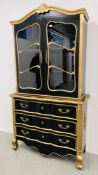 A REPRODUCTION CONTINENTAL STYLE SHAPED FRONT TWO DOOR DISPLAY CABINET WITH THEE DRAWER BASE WIDTH