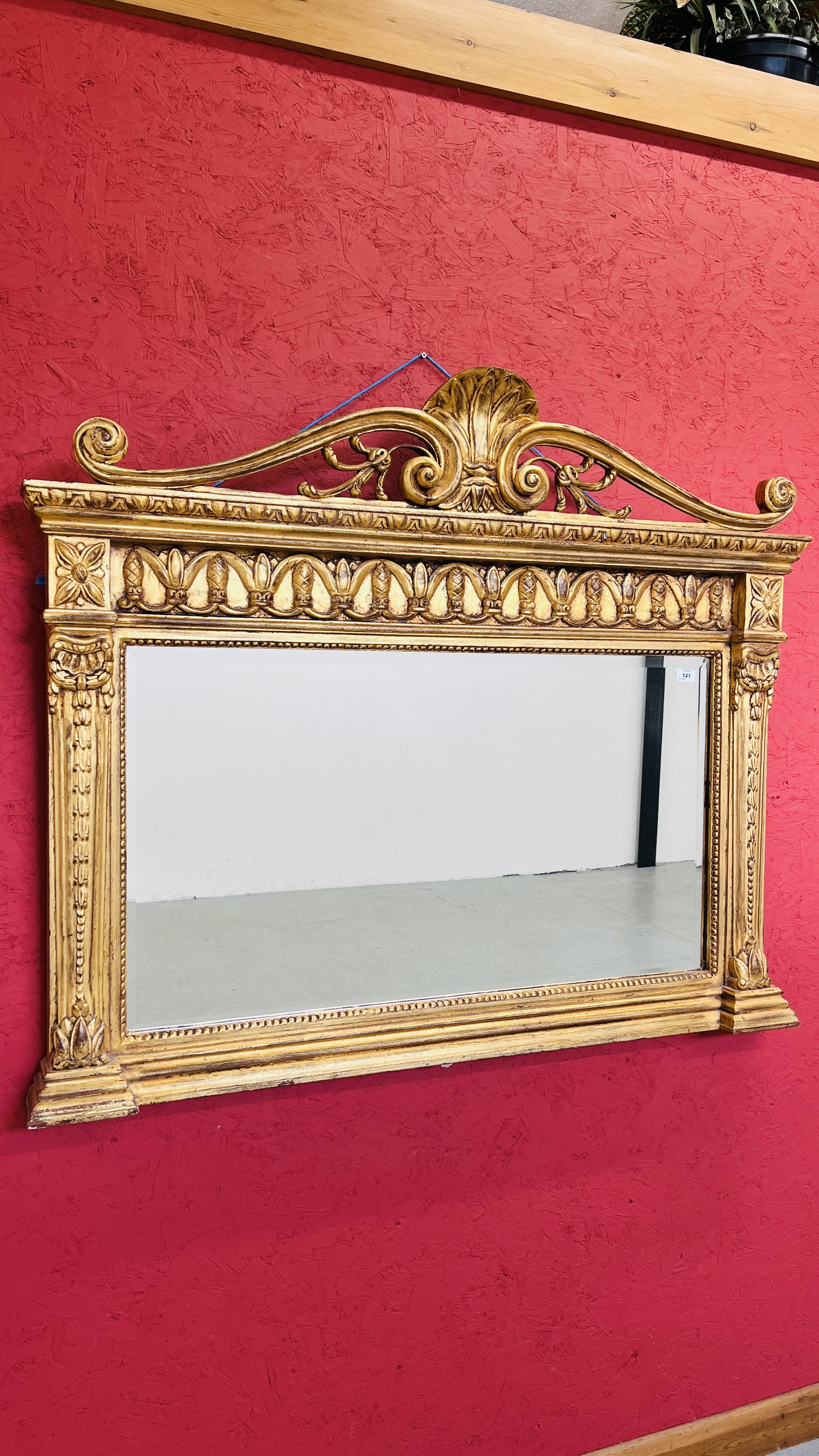 AN IMPRESSIVE GILT FINISH OVER MANTEL MIRROR WITH HEAVILY ORNATE DETAIL AND BEVELLED GLASS W 128CM, - Image 8 of 8