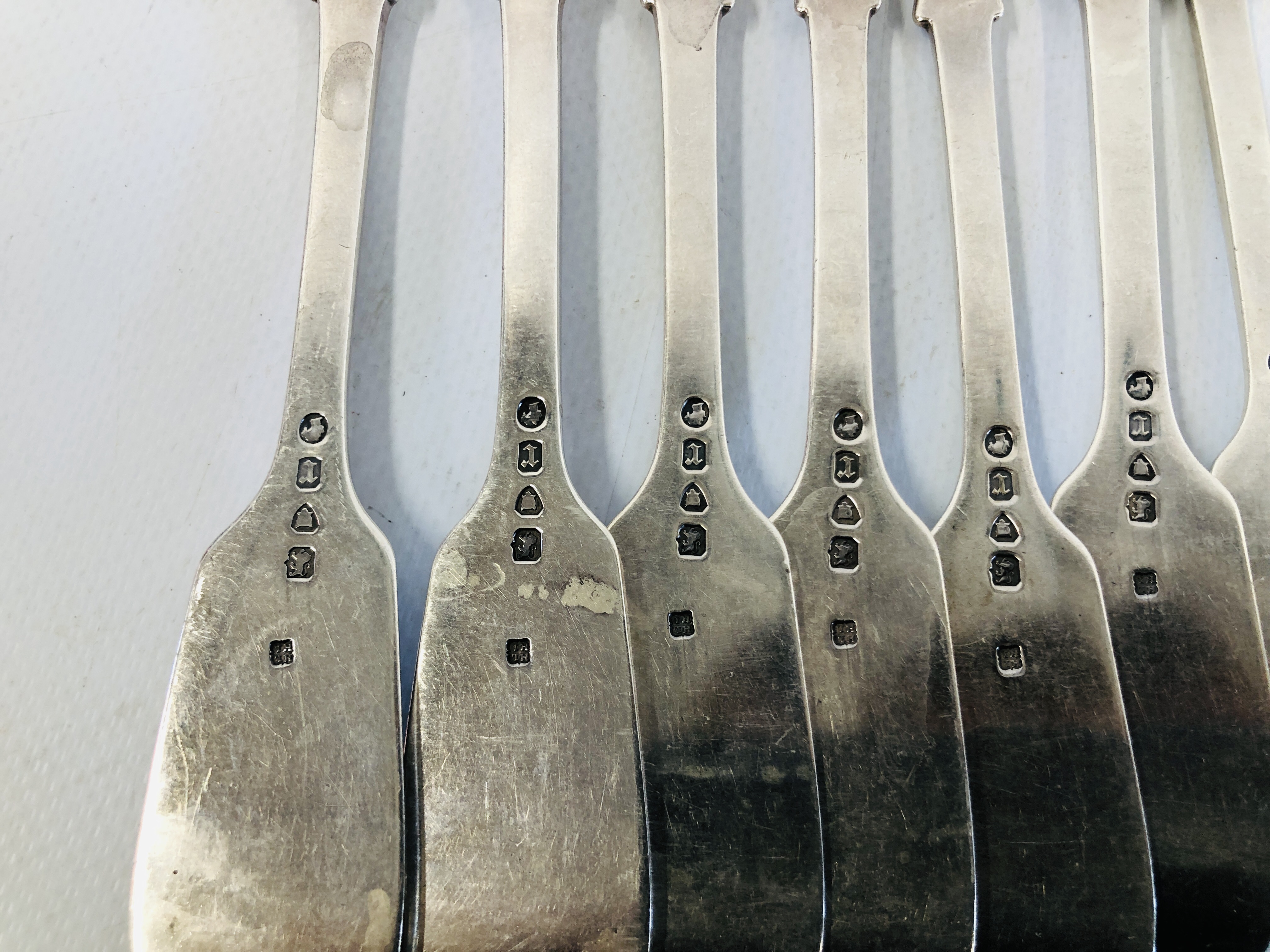 A SET OF NINE SILVER FIDDLE PATTERN LARGE TABLE FORKS, - Image 8 of 9