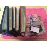 PLASTIC TUB STAMP COLLECTIONS IN SIX VOLUMES, ENVELOPES AND LOOSE, ACCESSORIES ETC.