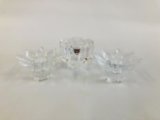 TWO ORREFORS GLASS CANDLE HOLDERS AND ONE ORREFORS HEAVY GLASS CANDLE HOLDER