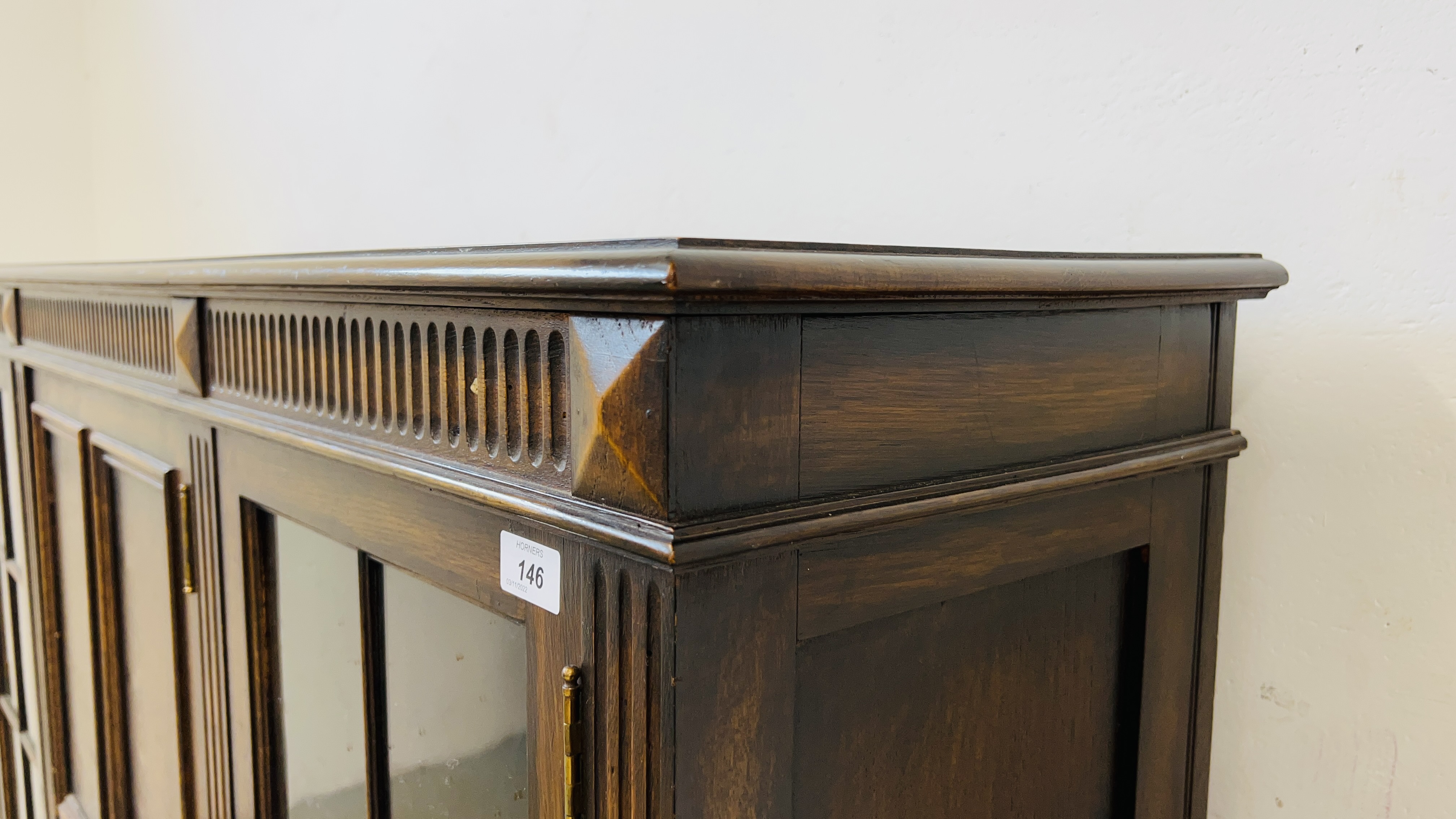 A 1930's OAK THREE DOOR CABINET STANDING ON LEG, - Image 4 of 13