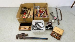 TWO BOXES OF TOOLS TO INCLUDE RECORD 24 PIPE WRENCH, QUANTITY OF DRILL BITS,