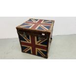 A REPRODUCTION BOUND TRUNK WITH UNION JACK DETAIL WIDTH 60CM. DEPTH 60CM. HEIGHT 60CM.