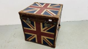 A REPRODUCTION BOUND TRUNK WITH UNION JACK DETAIL WIDTH 60CM. DEPTH 60CM. HEIGHT 60CM.