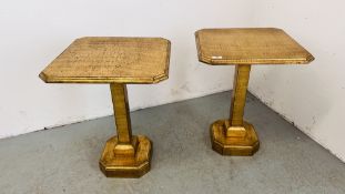 A PAIR OF GOLD FINISHED PEDESTAL SIDE TABLES W 46CM, D 46CM, H 60CM.