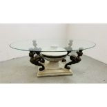 AN IMPRESSIVE CONTINENTAL STYLE GLASS TOP COFFEE TABLE SUPPORTED BY FOUR BUSTS OF WOMEN ON CLAW