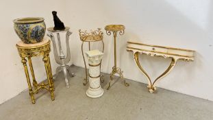 QUANTITY OF MODERN TORCHE / PLANT STANDS (5) IN TOTAL ALONG WITH A WALL HUNG HALF MOON HALL TABLE,