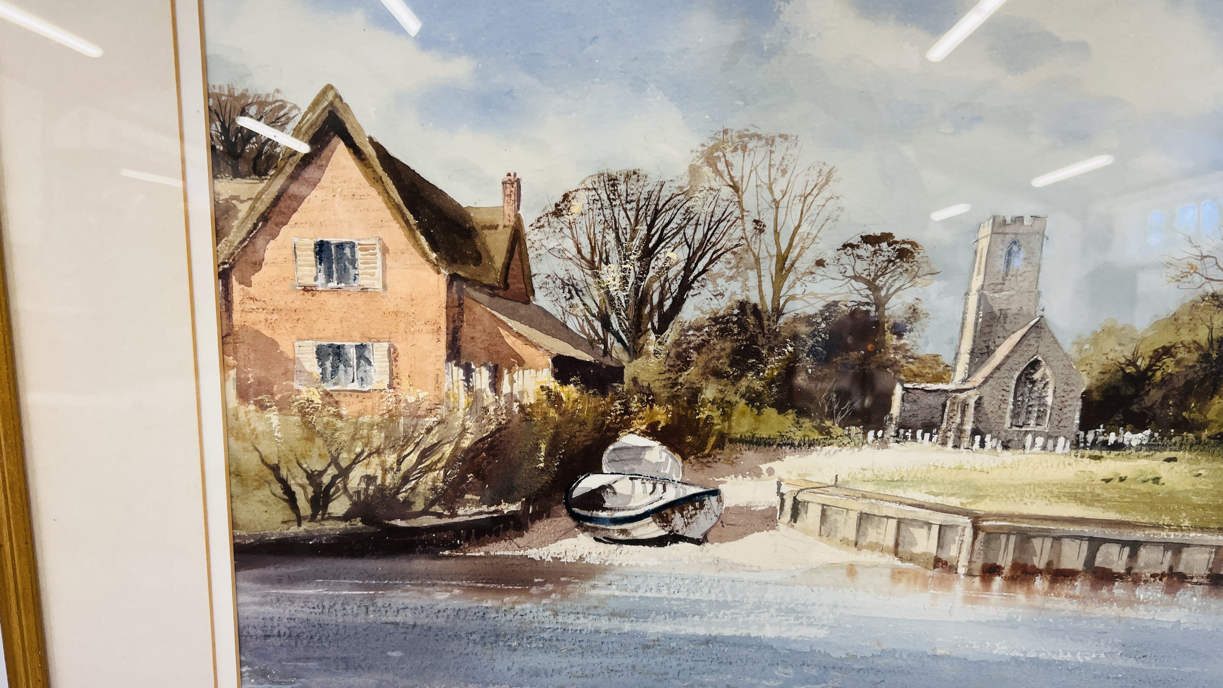 LESLEY MOORE WATERCOLOUR OF A BROADLAND CHURCH 37 X 55CM. - Image 5 of 5