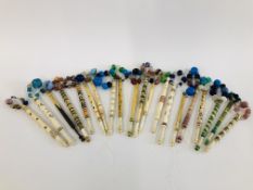 20 ASSORTED VINTAGE BOBBINS MANY WITH GLASS SPANGLES, SOME NAMED B.NOT SHY AND BE GODD, ETC.