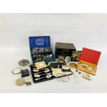 A GROUP OF ASSORTED COSTUME JEWELLERY, CASED MANICURE SET,
