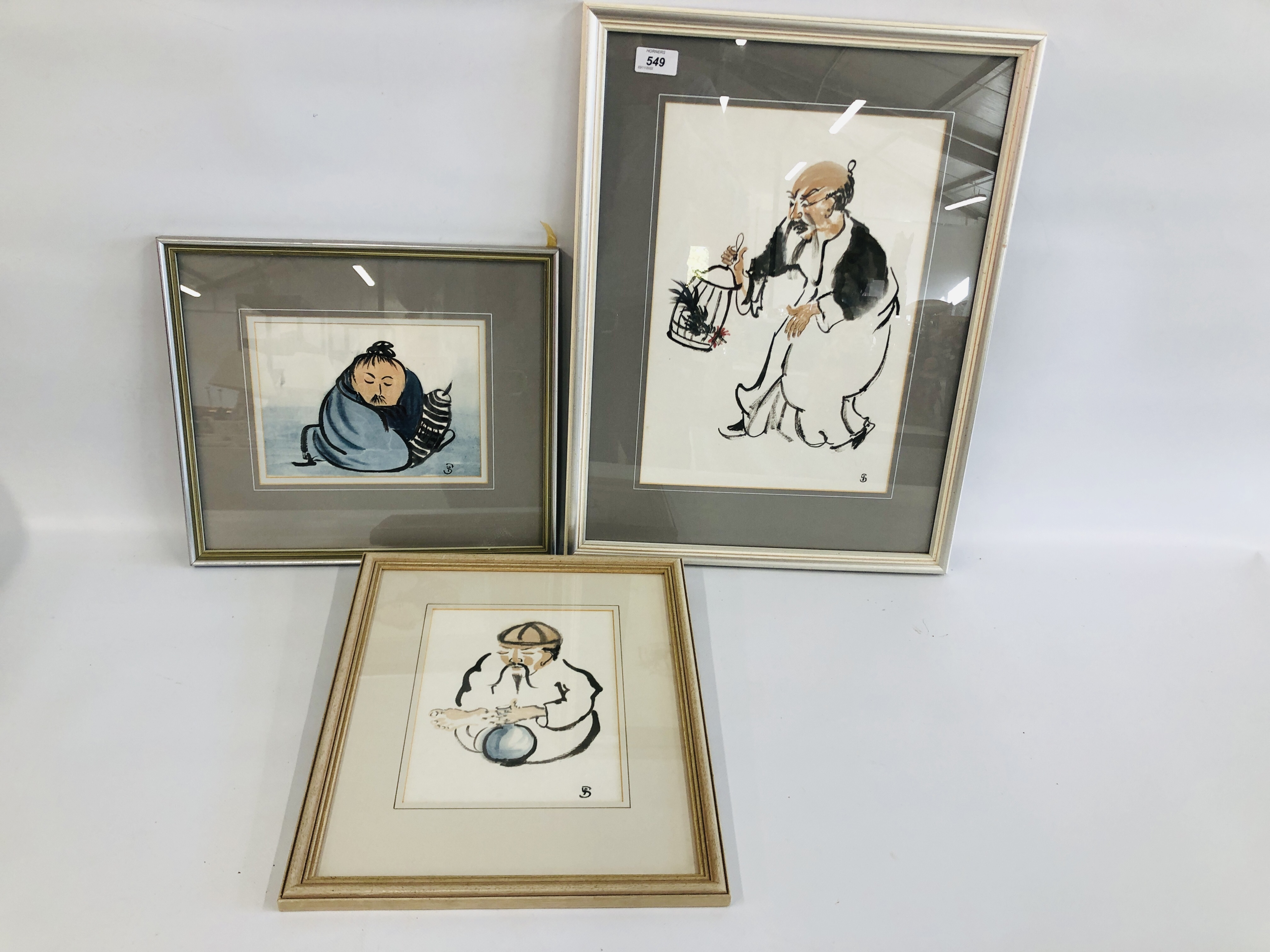 THREE FRAMED AND MOUNTED PEN AND WASH PICTURES BEARING SIGNATURE P J SALTER