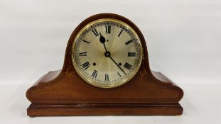 AN EDWARDIAN INLAID MANTEL CLOCK MARKED "S.F." HEIGHT 33CM.