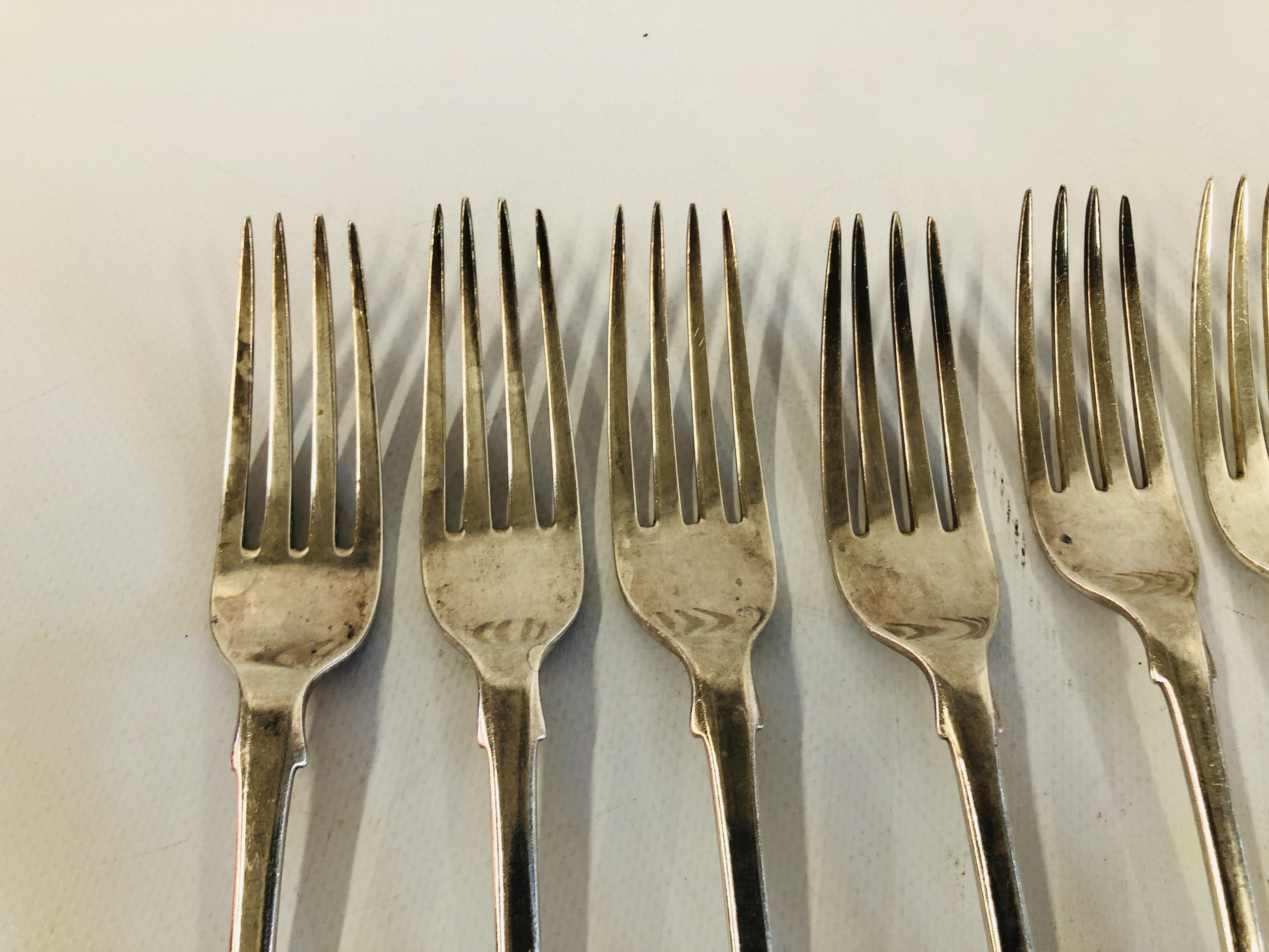 A SET OF NINE SILVER FIDDLE PATTERN LARGE TABLE FORKS, - Image 2 of 9