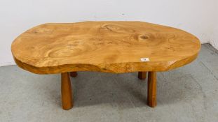 AN ELM WOOD CRAFTS STYLE SLAB WOOD COFFEE TABLE LENGTH 110CM. WIDTH 56CM.