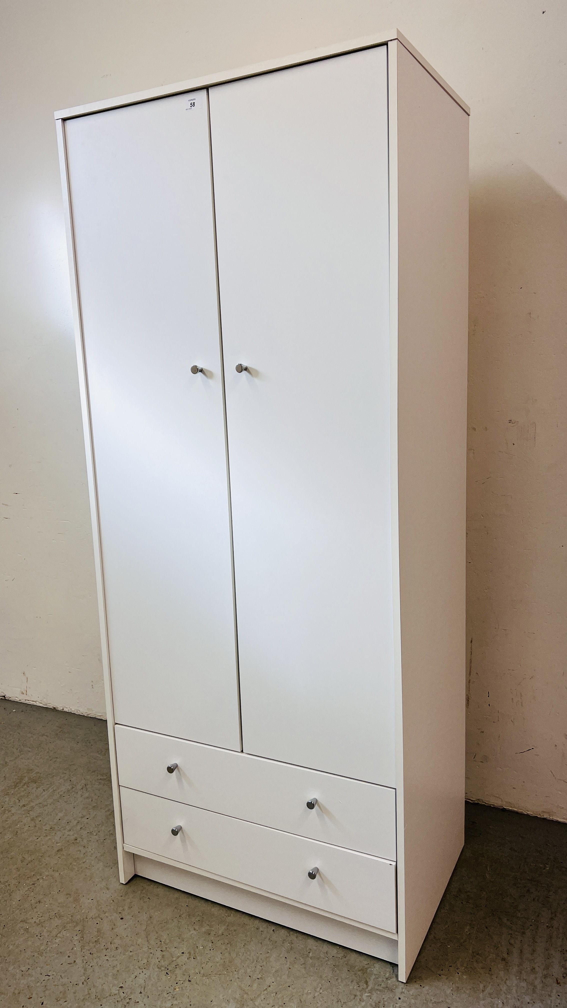 A MODERN TWO DOOR TWO DRAWER WHITE FINISH WARDROBE