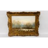 A DAVID DANE ORIGINAL OIL ON BOARD "THE BURE AT BELAUGH" IN ORNTE GILT FRAME 34CM X 24CM.