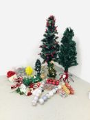 SIX ARTIFICIAL CHRISTMAS TREES ALONG WITH LARGE BOX OF CHRISTMAS DECORATIONS TO INCLUDE LARGE
