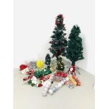 SIX ARTIFICIAL CHRISTMAS TREES ALONG WITH LARGE BOX OF CHRISTMAS DECORATIONS TO INCLUDE LARGE