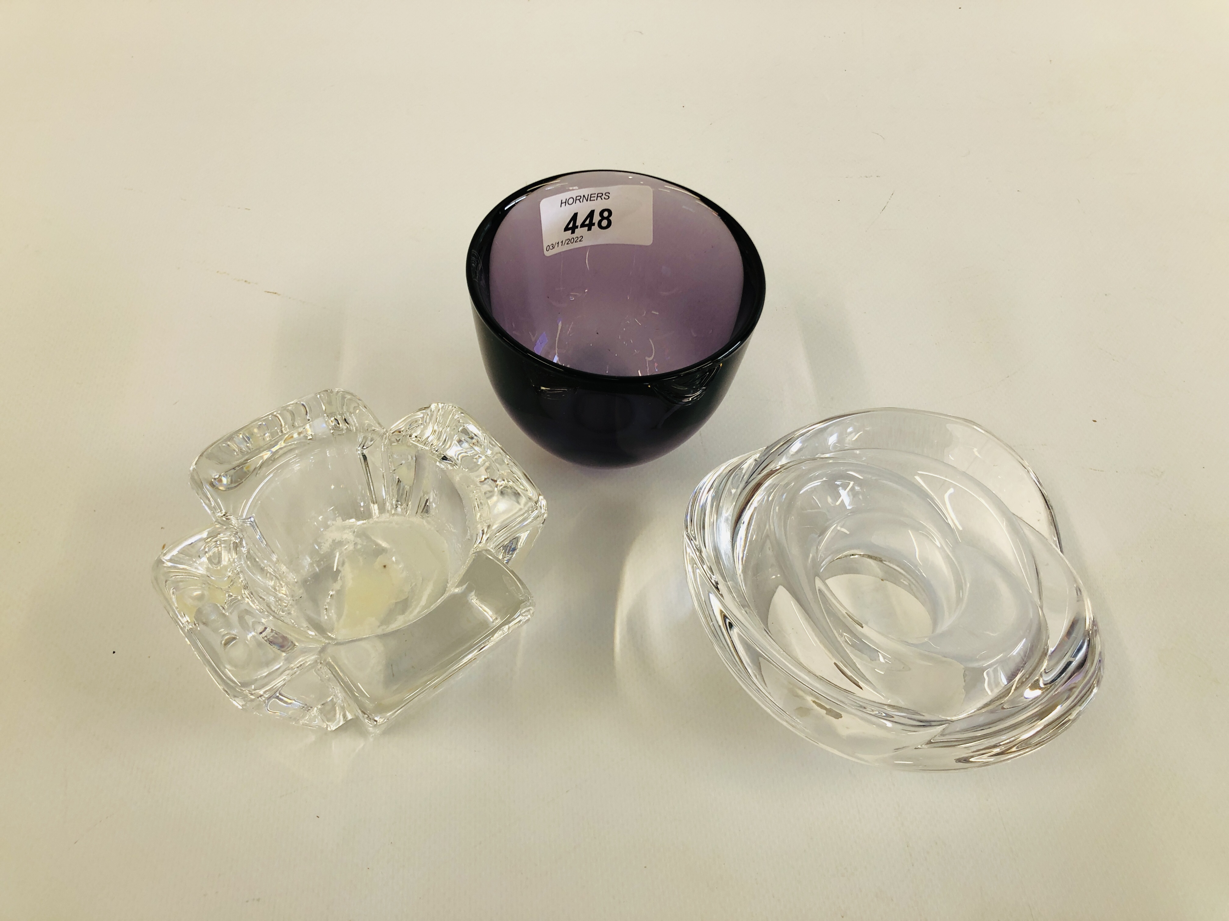 TWO ORREFORS SWEDISH GLASS HEAVY TEA LIGHT HOLDERS AND ONE ORREFORS "CUP " TEA LIGHT HOLDER BY LENA - Image 2 of 6