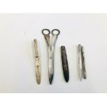 A PAIR OF SILVER SCISSORS, LONDON ASSAY, SILVER LETTER OPENER WITH RIVEN DETAIL TO HANDLE,