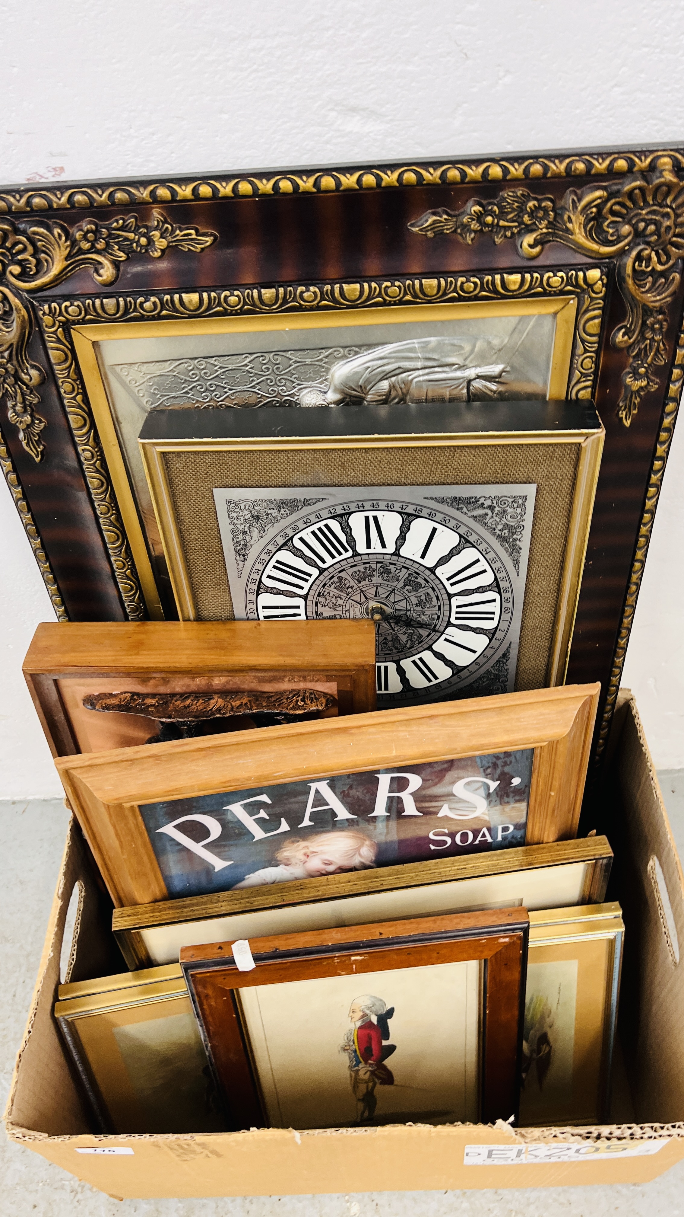 BOX OF ASSORTED FRAMED PICTURES AND PRINTS TO INCLUDE A LARGE EMBOSSED RELIGIOUS PLAQUE, - Image 2 of 9