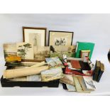 2 X BOXES OF ASSORTED EPHEMERA AND ARTWORKS TO INCLUDE A FRAMED ETCHING "SAND DUNES" BEARING