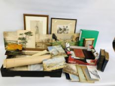 2 X BOXES OF ASSORTED EPHEMERA AND ARTWORKS TO INCLUDE A FRAMED ETCHING "SAND DUNES" BEARING