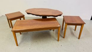 THREE MATCHING CHERRY WOOD FINISH COFFEE TABLES TO INCLUDE TWO SQUARE AND ONE RECTANGULAR PLUS