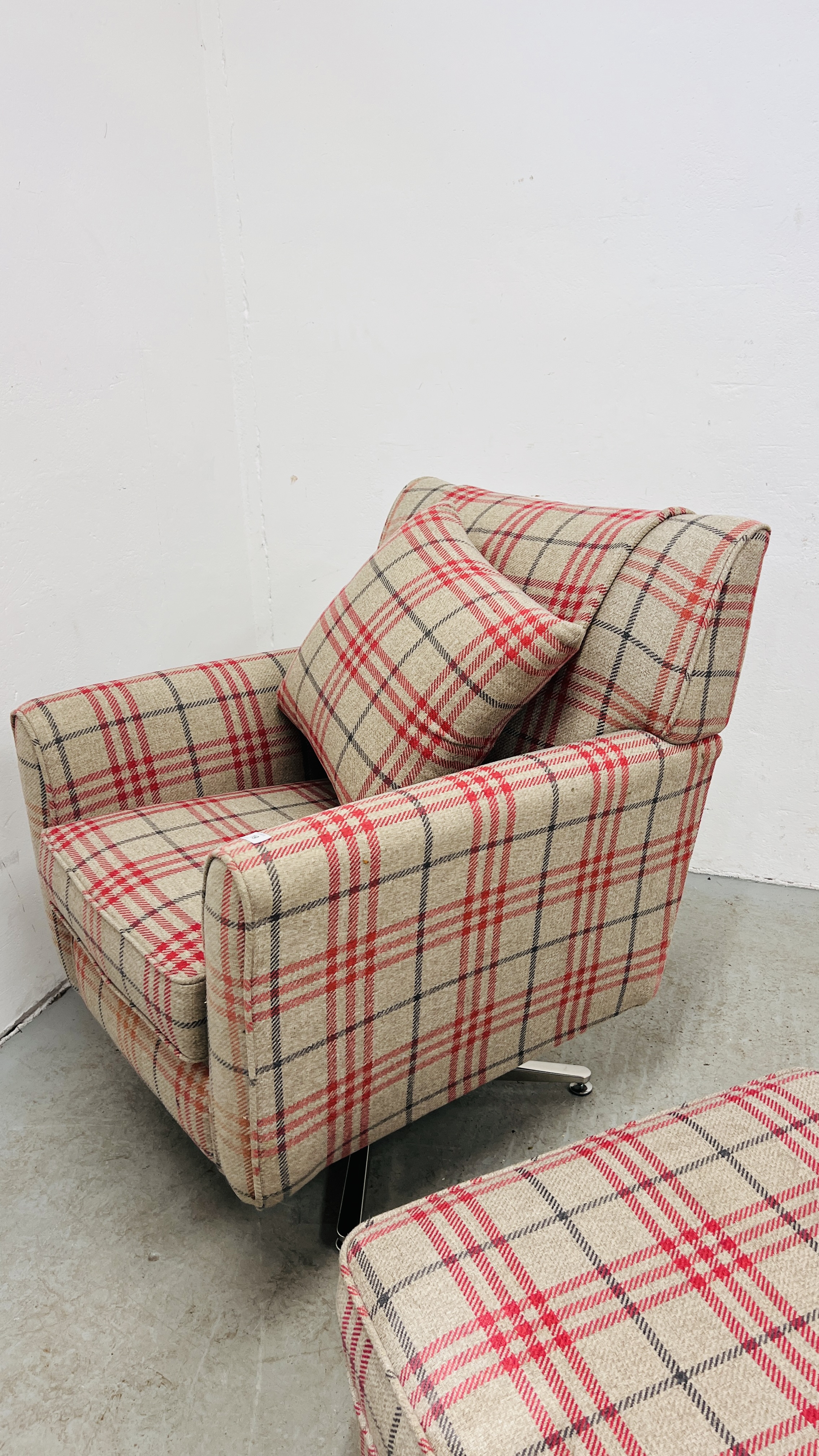 MODERN CHECK PATTERNED EASY CHAIR WITH REVOLVING ACTION AND MATCHING FOOTSTOOL. - Image 9 of 10