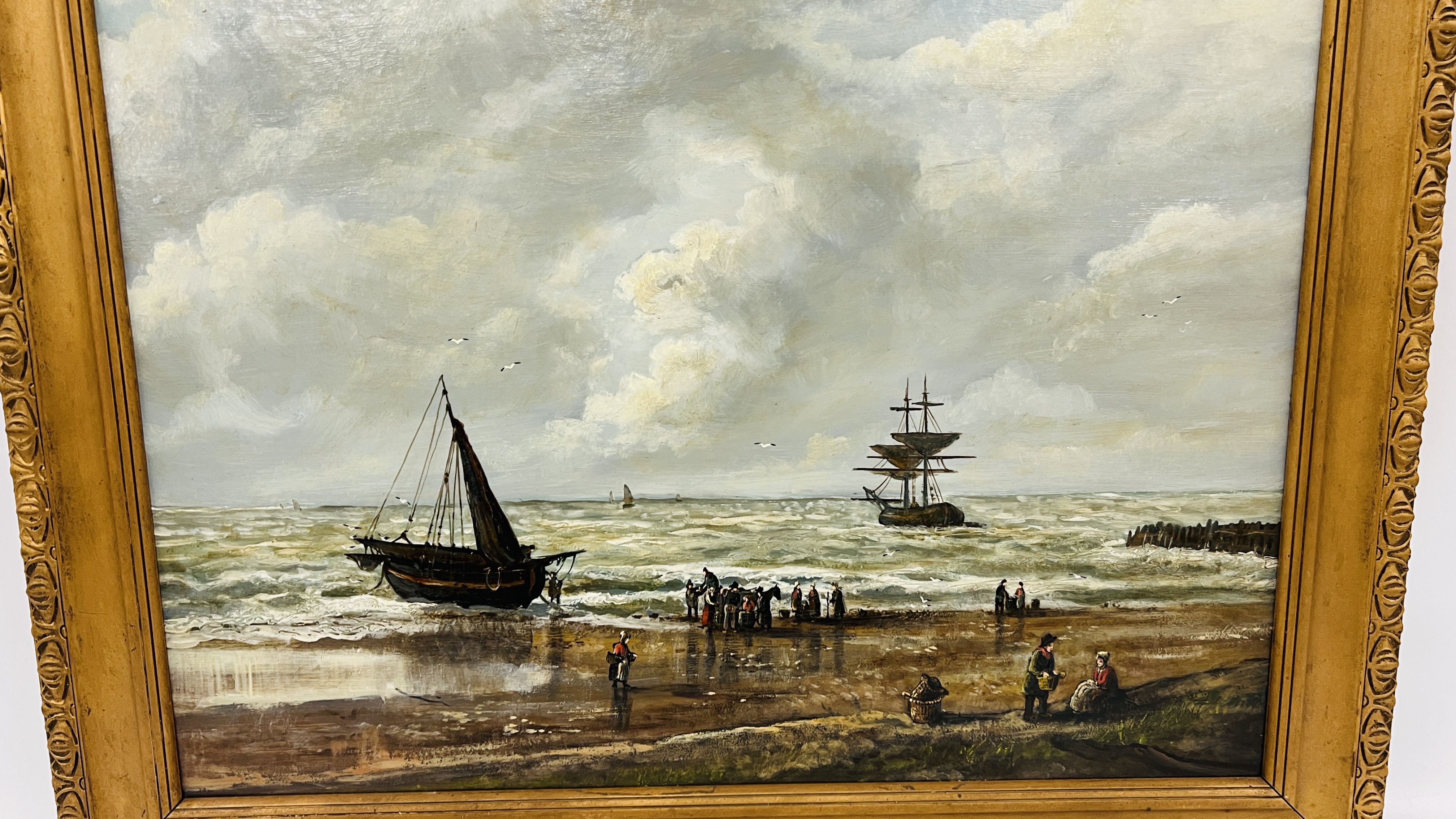 FRAMED OIL ON BOARD "UNLOADING FISH ON SEASHORE" BEARING SIGNATURE JOHN EDMUND MACE - Image 2 of 7