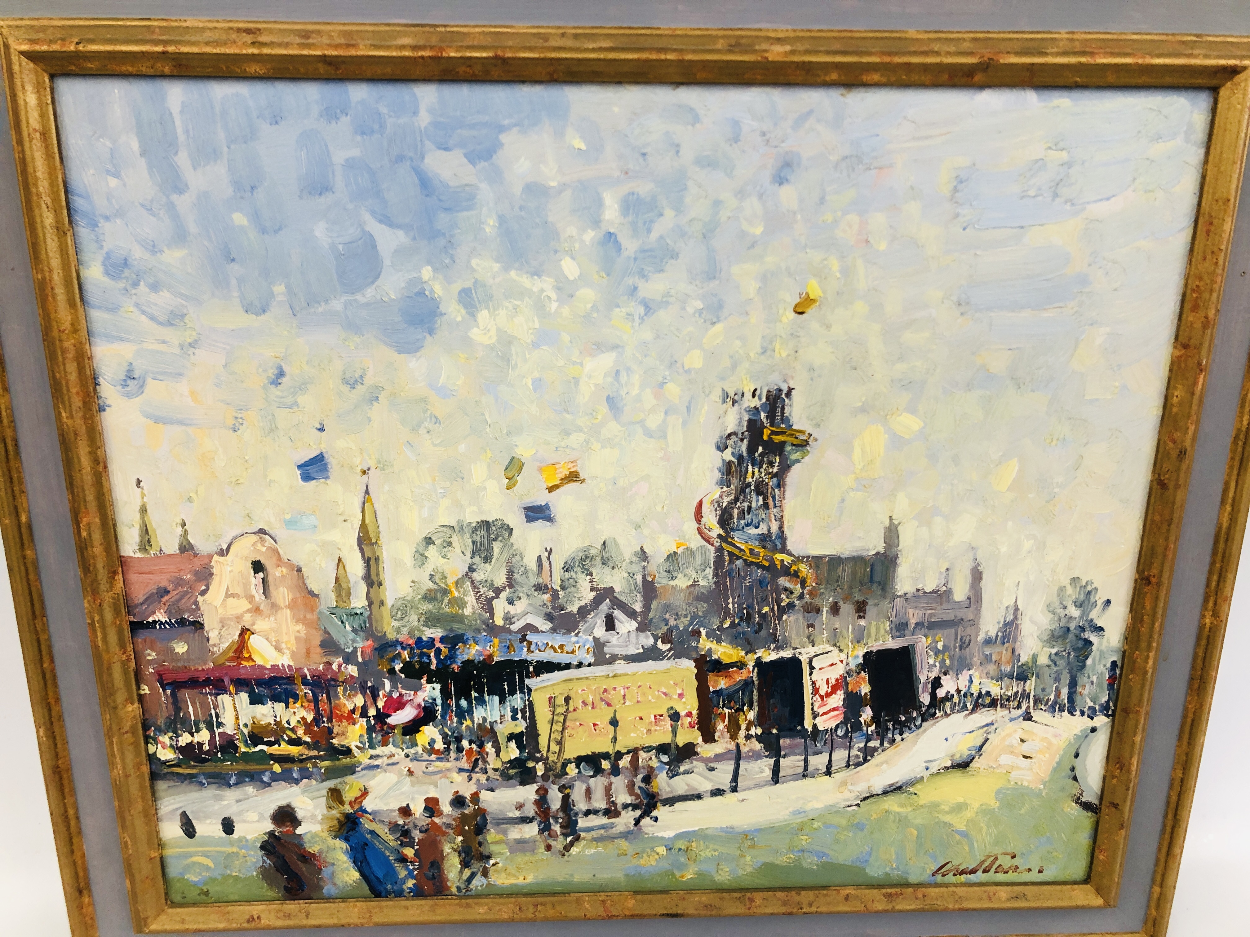 FRAMED OIL ON BOARD "YARMOUTH FAIR ON FULLERS HILL, NORTHGATE STREET" BY G. CHATTEN W 59.5CM X H 49. - Image 2 of 4