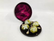 AN IMPRESSIVE THOMAS WEBB GROUP OF FOUR CAMEO GREEN GLASS SILVER MOUNTED SALTS ENCASED WITH OPAQUE