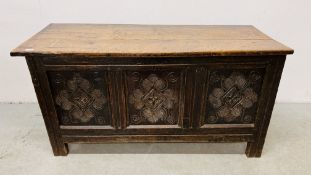 A C17TH COFFER, THREE PANELLED CARVED FRONT, W 138CM, D 55CM, H 69CM.