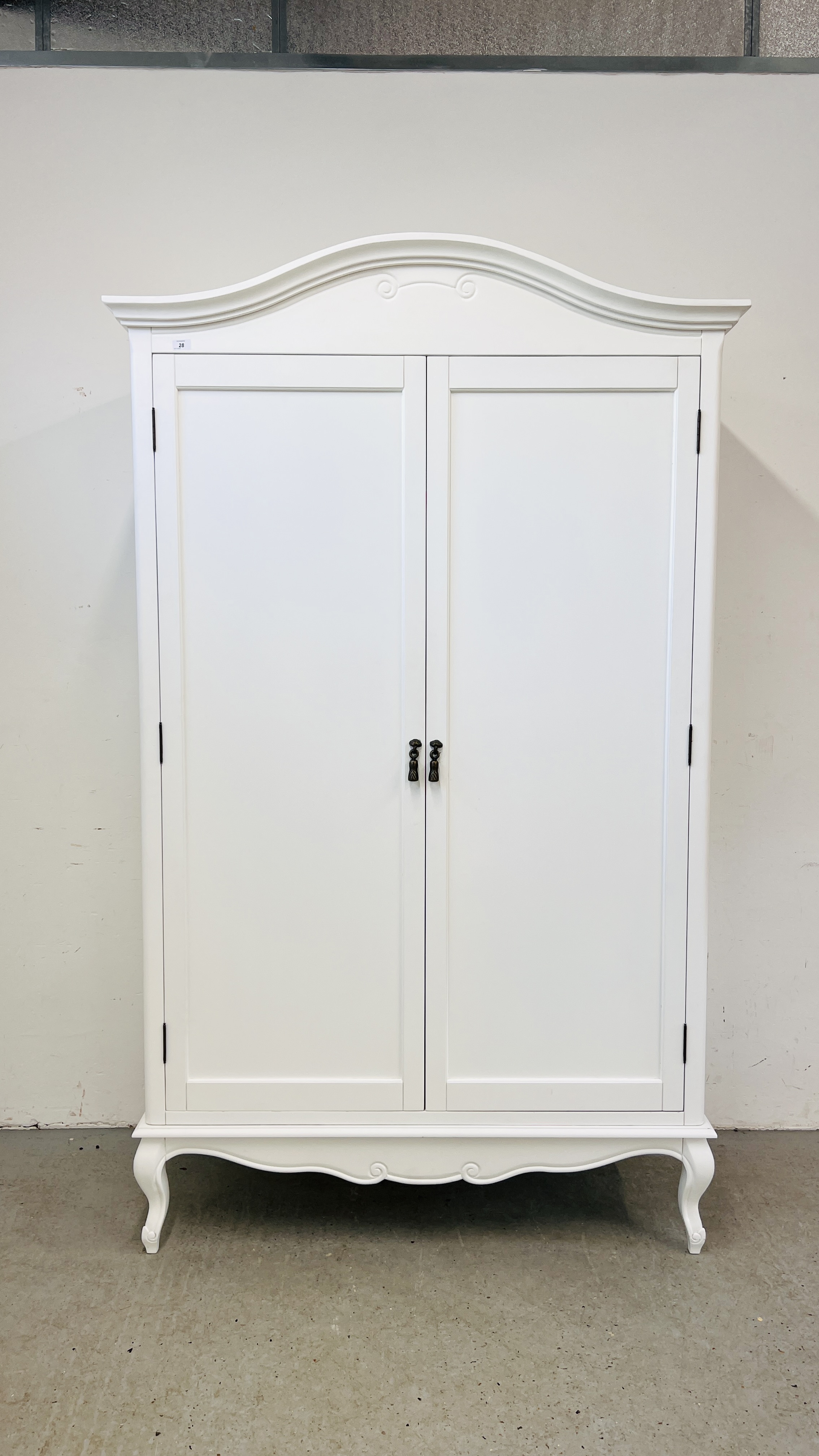 A GOOD QUALITY FRENCH STYLE WHITE FINISH TWO DOOR WARDROBE WITH INTERIOR CLOTHES RAIL AND SHELF W - Image 3 of 7