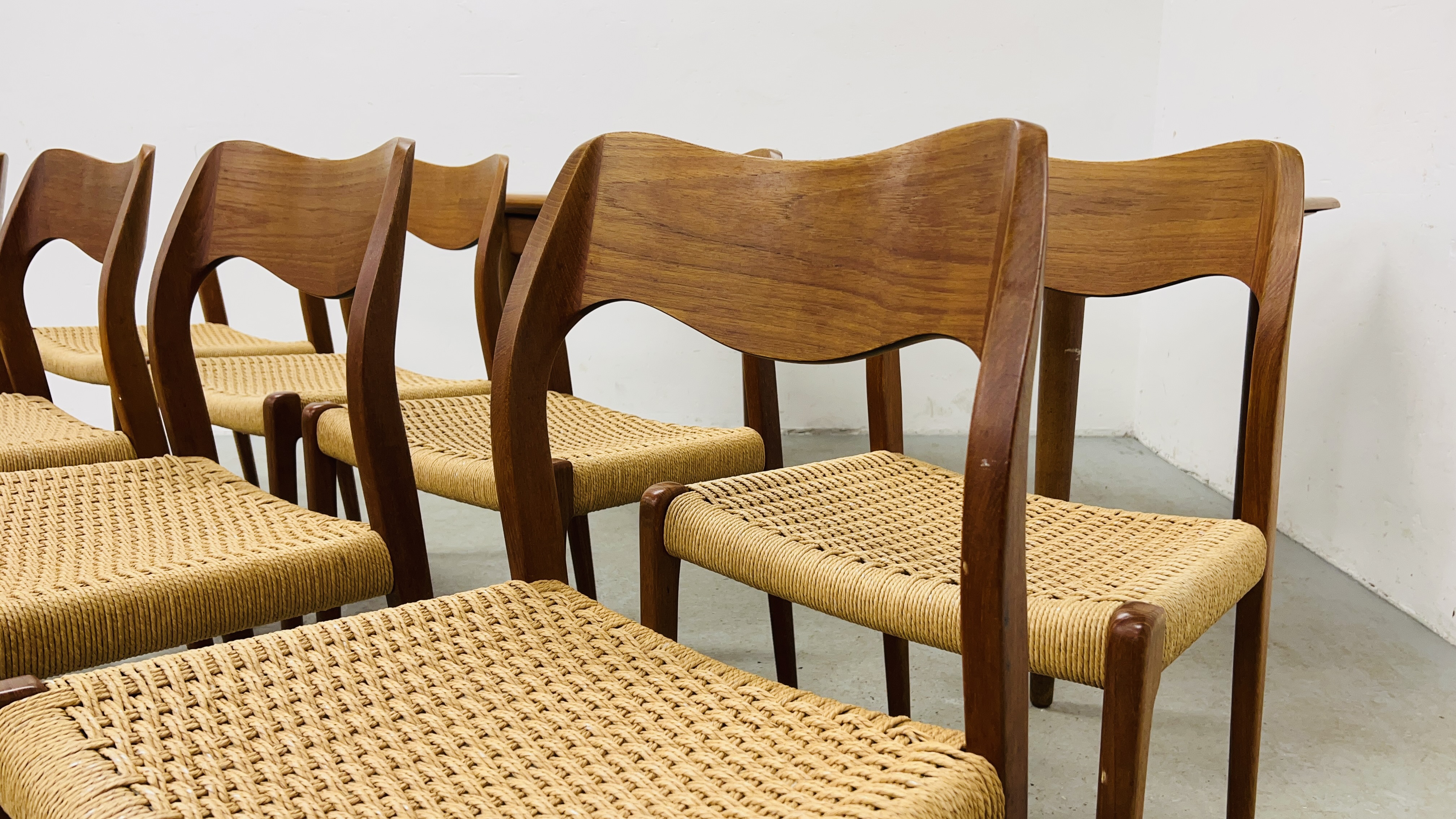 SET OF EIGHT J MOLLER DANISH TEAK DINING CHAIRS WITH WOVEN SISAL SEATS ALONG WITH A DRAWER LEAF - Image 5 of 48