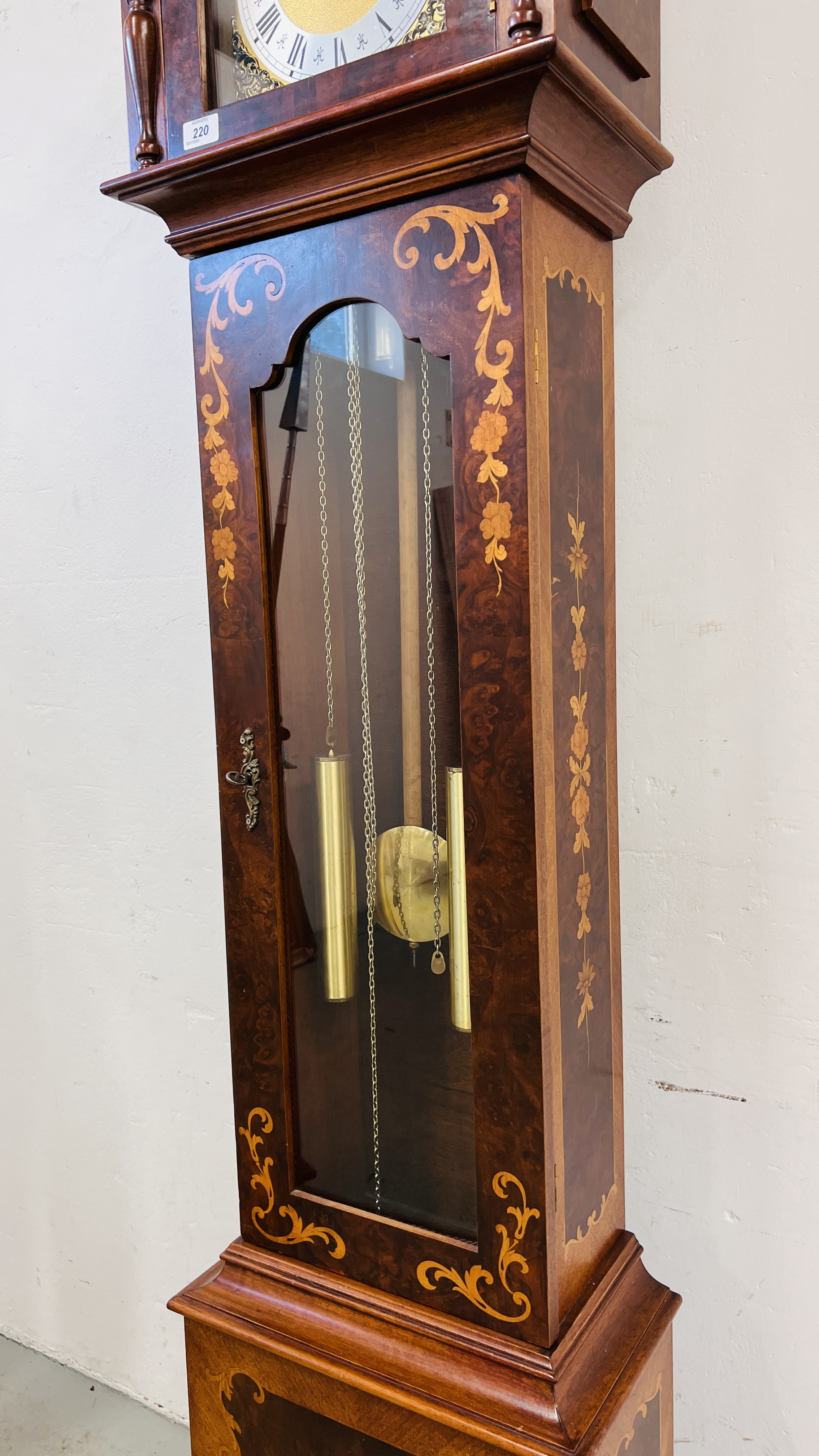 A REPRODUCTION DUTCH STYLE LONG CASE CLOCK WITH MARQUETRY INLAID STYLE DETAILING FACE MARKED TEMPUS - Image 3 of 13