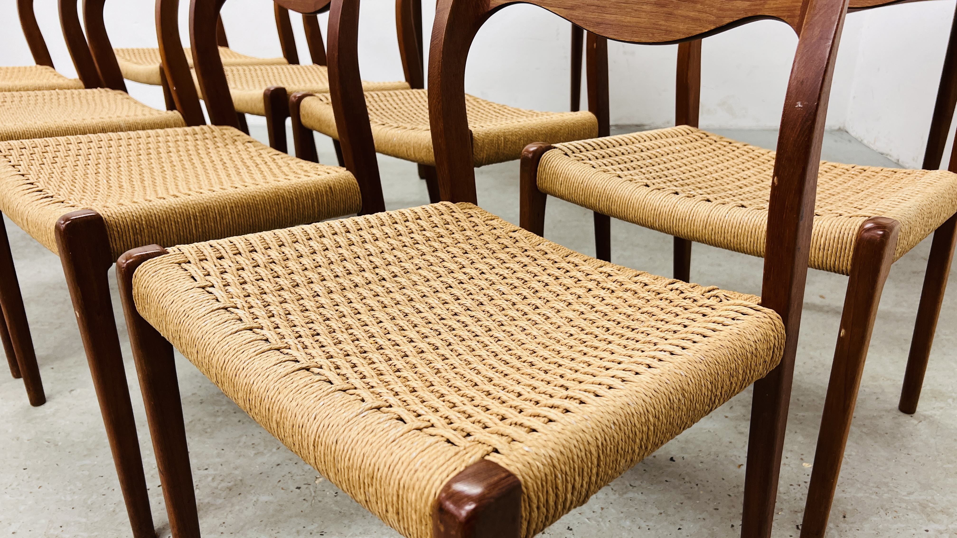 SET OF EIGHT J MOLLER DANISH TEAK DINING CHAIRS WITH WOVEN SISAL SEATS ALONG WITH A DRAWER LEAF - Image 6 of 48