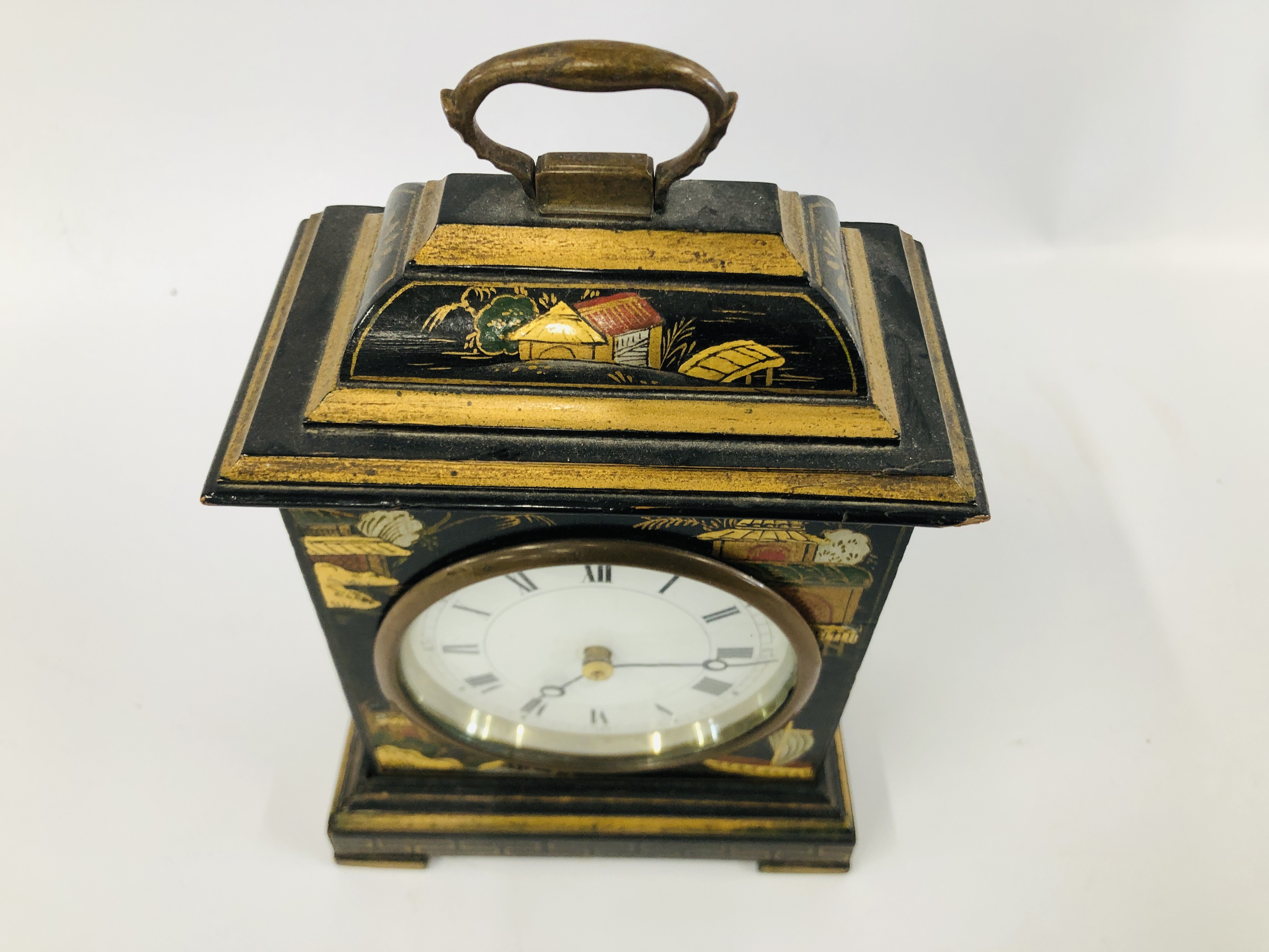 AN EARLY C.20TH ORIENTAL BLACK LACQUERED MANTEL CLOCK HEIGHT 19.5CM. - Image 8 of 13