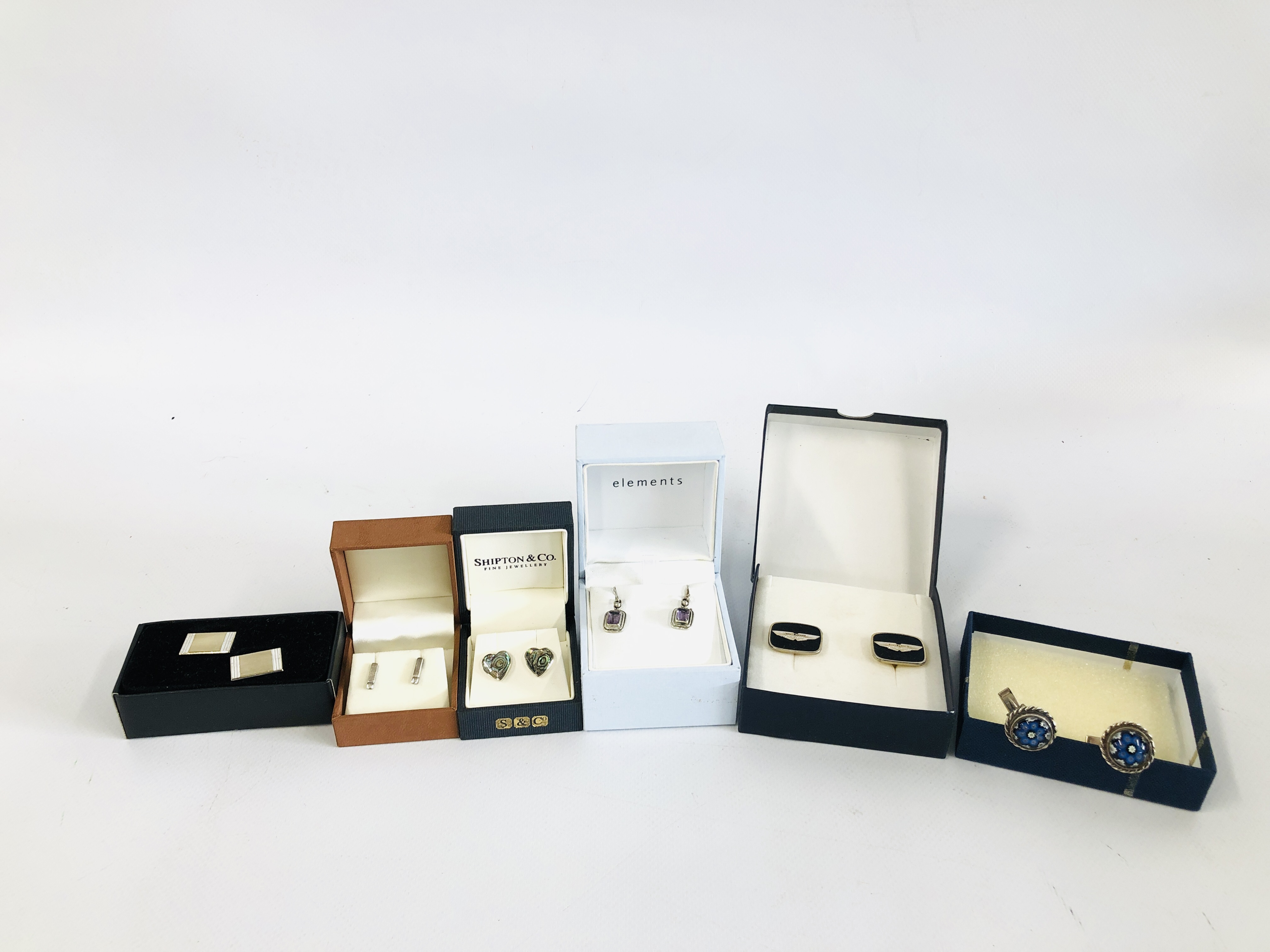 SILVER EARRINGS AND CUFF LINKS TO INCLUDE PAIR OF ASTON MARTIN CUFF LINKS
