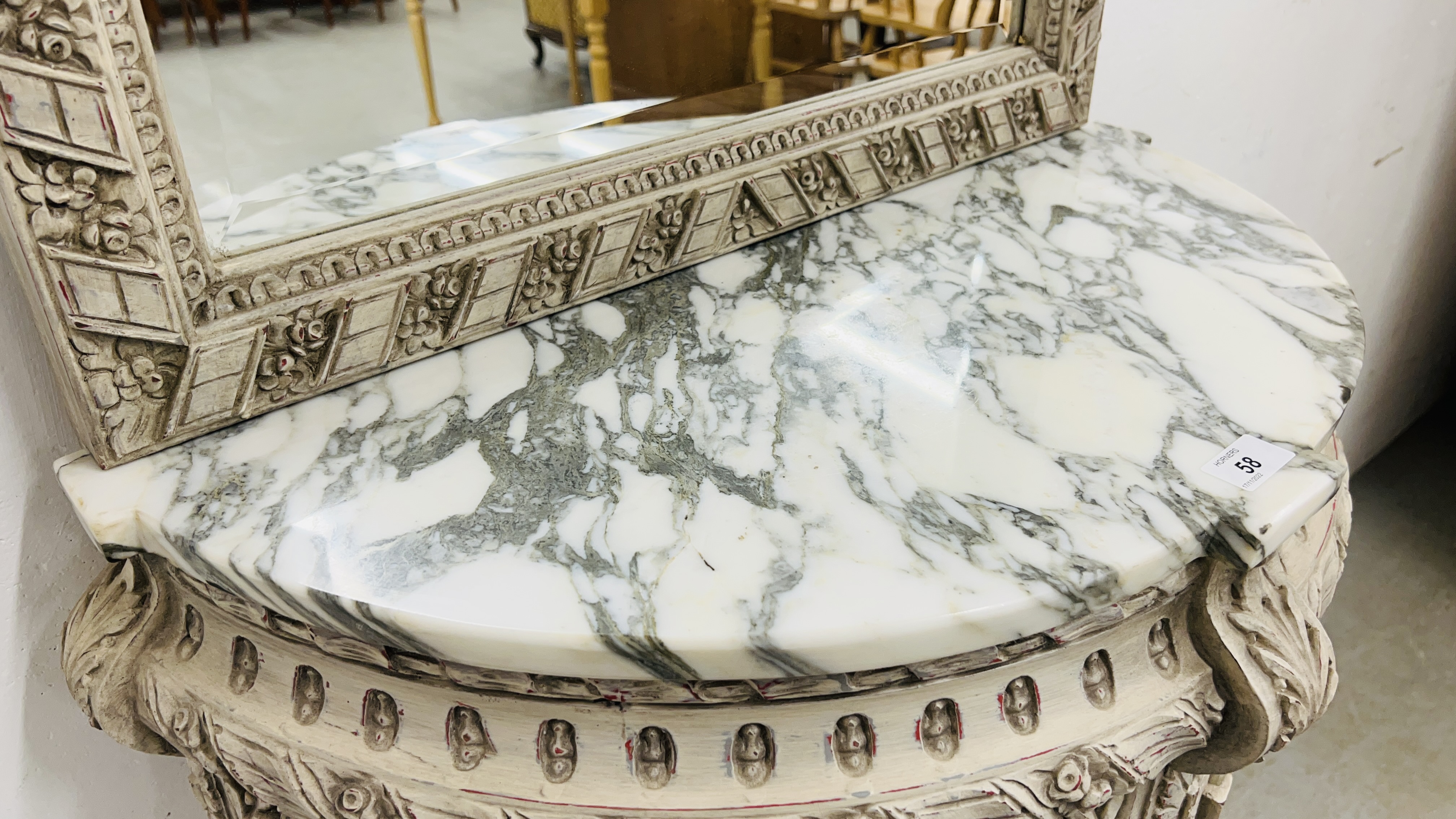 A CONTINENTAL MARBLE TOP HALF MOON SIDE TABLE ON ORNATE CARVED BASE AND SHELF BELOW WITH MIRRORED - Image 10 of 10