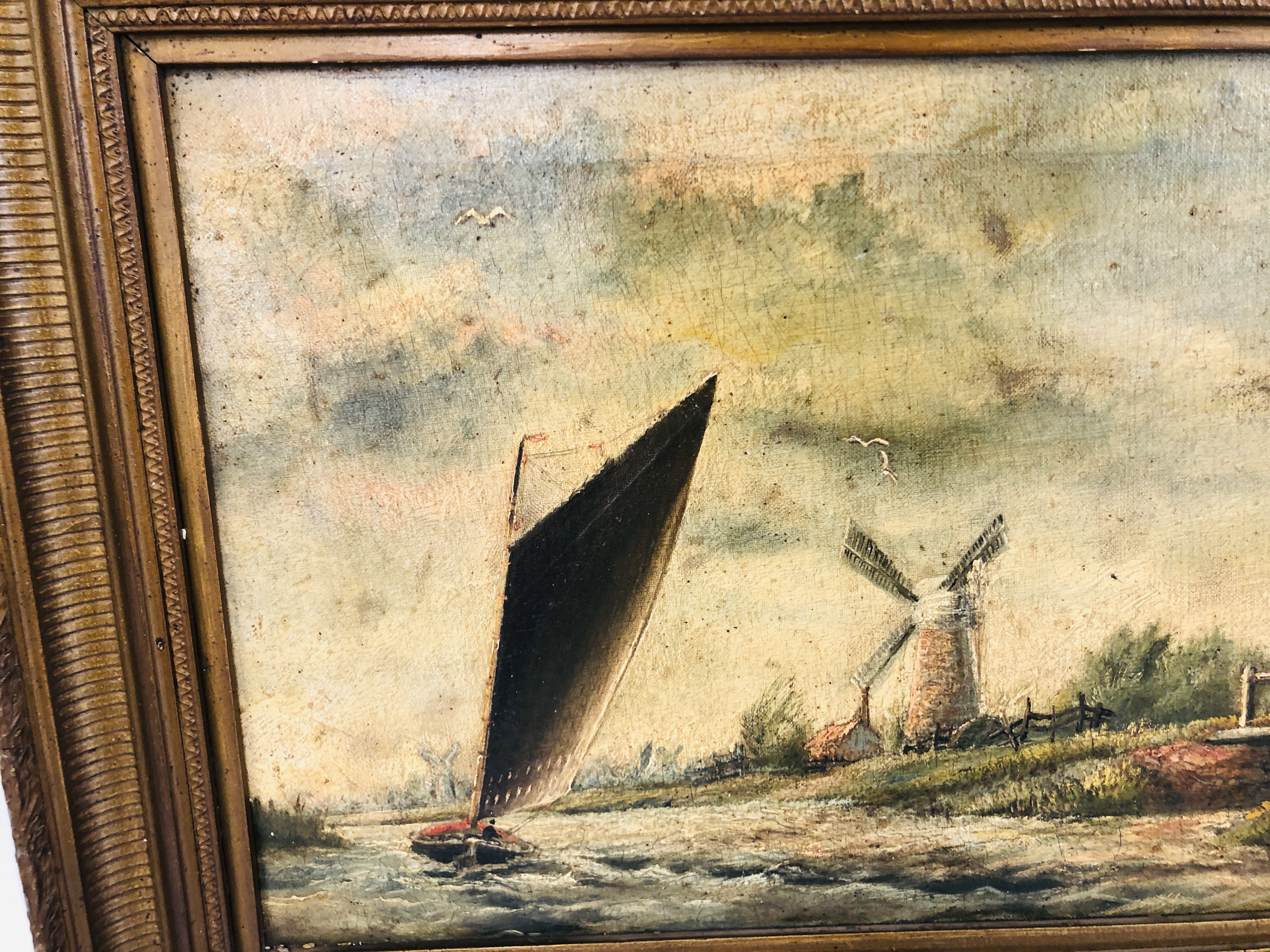 A GILT FRAMED OIL ON CANVAS DEPICTING SAILING BOAT ON THE RIVER PASSING A WINDMILL BEARING - Image 3 of 9