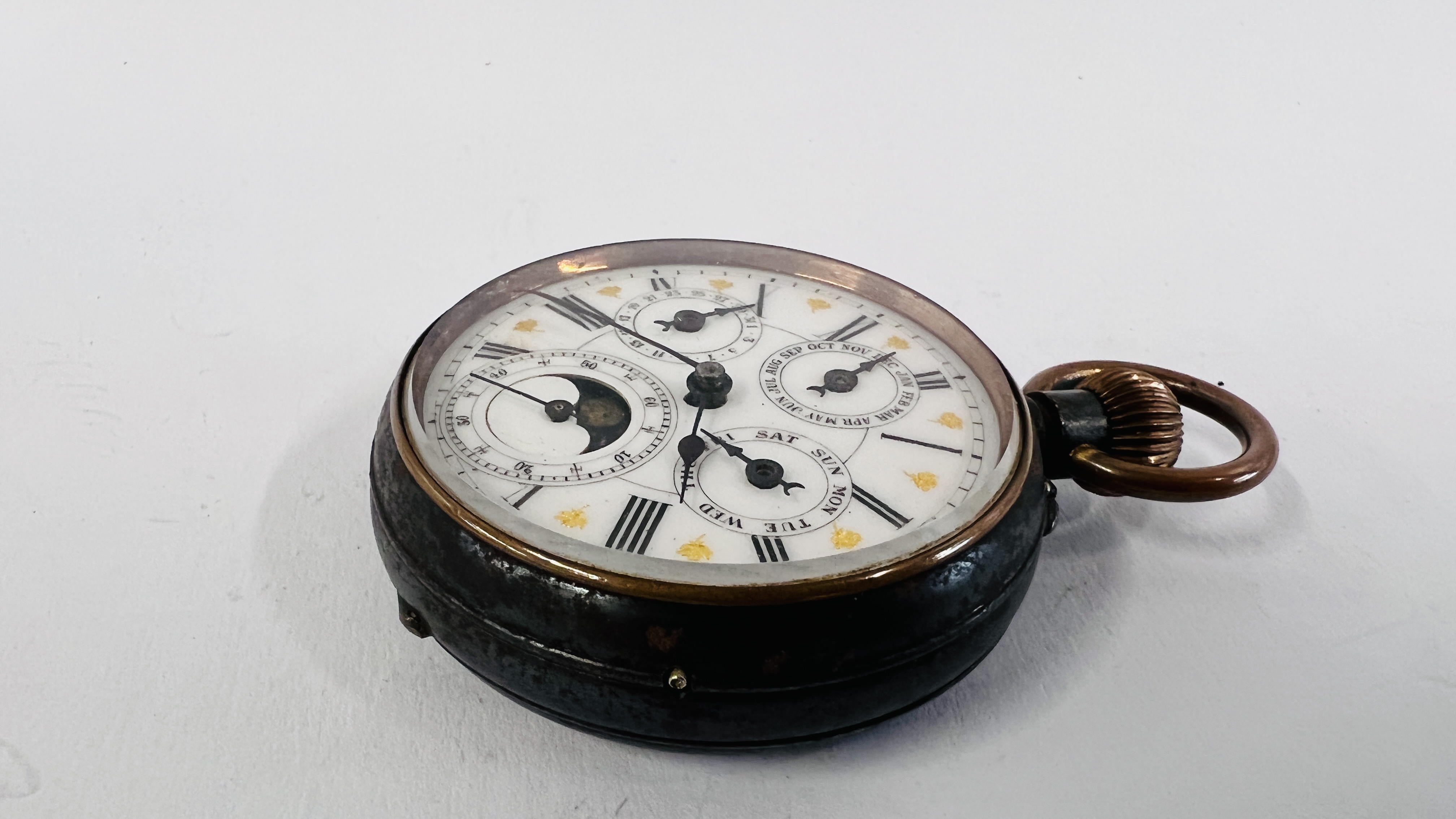 AN ACIER GARANTI SWISS MOON PHASE POCKET WATCH WITH FOUR SUBSIDERY DIALS, - Image 4 of 12